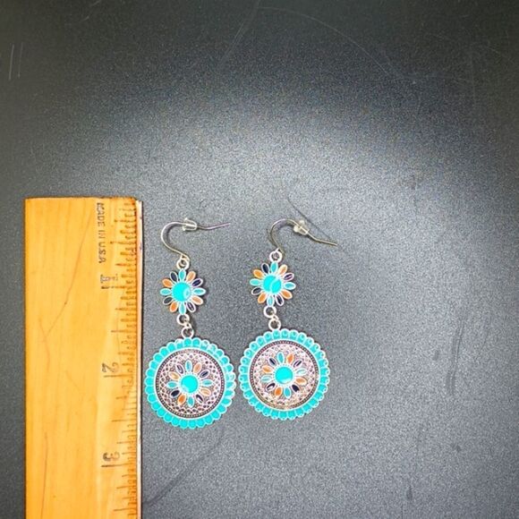Bohemian turquoise colorful multicolor mandala earrings - Picture 3 of 5